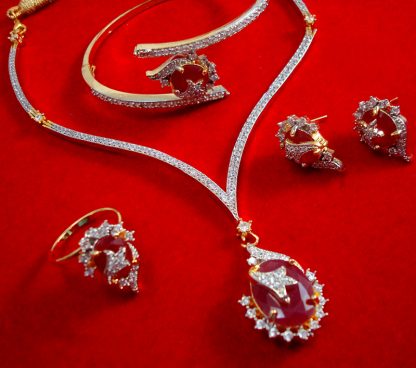 CBU34, Super Saver Four Items Zircon Ruby Shade Party Wear Necklace Earrings with Ring and Bracelet