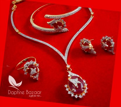 CBU34, Super Saver Four Items Zircon Ruby Shade Party Wear Necklace Earrings with Ring and Bracelet-5