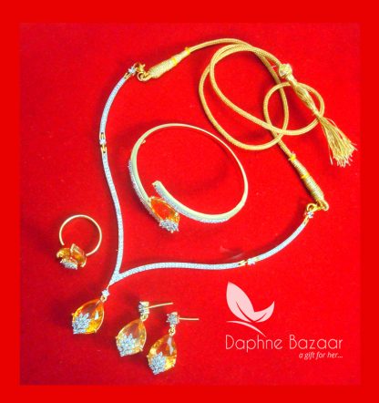 CBU35, Super Saver Four Items Zircon Amber Party Wear Necklace Earrings with Ring and Bracelet-2
