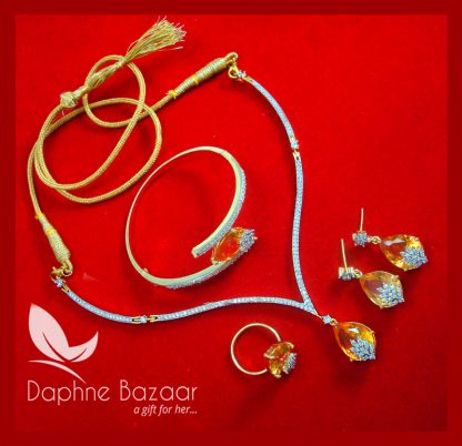 CBU35, Super Saver Four Items Zircon Amber Party Wear Necklace Earrings with Ring and Bracelet