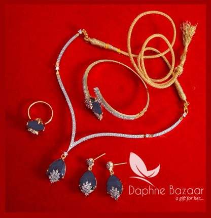 CBU36, Super Saver Four Items Zircon Navy Blue Party Wear Necklace Earrings with Ring and Bracelet-1