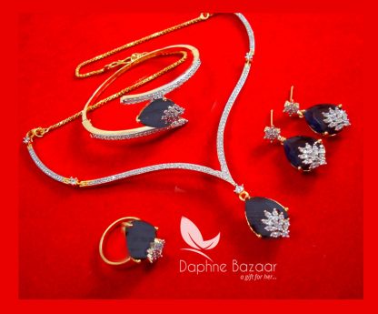 CBU36, Super Saver Four Items Zircon Navy Blue Party Wear Necklace Earrings with Ring and Bracelet-2