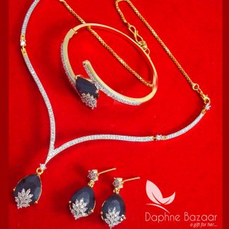 CBU36, Super Saver Four Items Zircon Navy Blue Party Wear Necklace Earrings with Ring and Bracelet