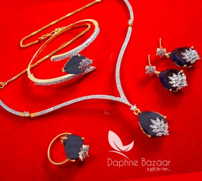 CBU36, Super Saver Four Items Zircon Navy Blue Party Wear Necklace Earrings with Ring and Bracelet-4