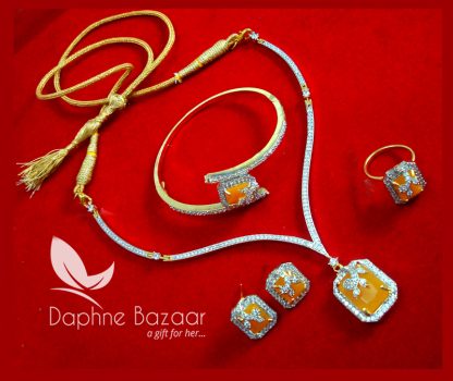 CBU38, Super Saver Four Items Zircon Neon Orange Party Wear Necklace Earrings with Ring and Bracelet Thanksgiving Celebration