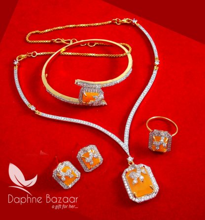 CBU38, Super Saver Four Items Zircon Neon Orange Party Wear Necklace Earrings with Ring and Bracelet Thanksgiving Celebration -1