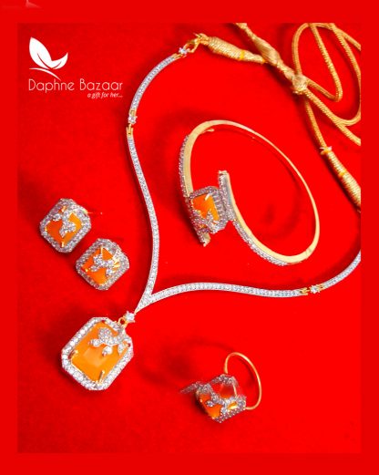 CBU38, Super Saver Four Items Zircon Neon Orange Party Wear Necklace Earrings with Ring and Bracelet Thanksgiving Celebration -2