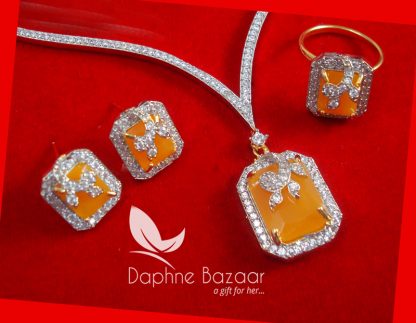 CBU38, Super Saver Four Items Zircon Neon Orange Party Wear Necklace Earrings with Ring and Bracelet Thanksgiving Celebration -3