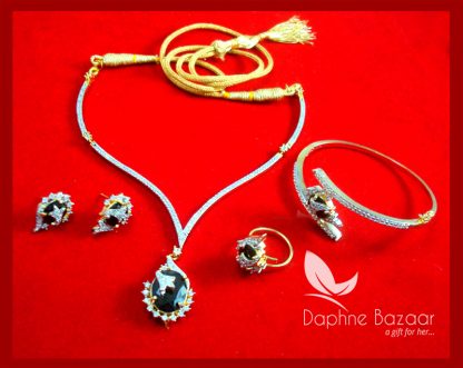 CBU41, Super Saver Four Items Zircon Grayish blue Party Wear Necklace Earrings with Ring and Bracelet
