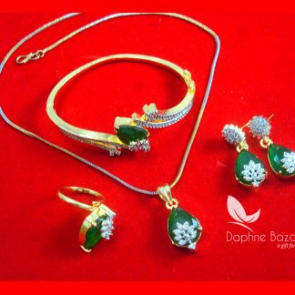 CBU42 Super Saver Four Items Zircon Studded Green Fashion Pendant, Earrings with Rinrg and Bracelet Thanksgiving Celebration