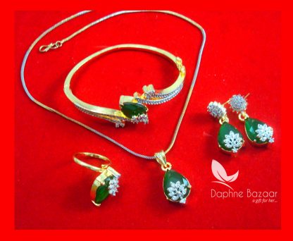 CBU42 Super Saver Four Items Zircon Studded Green Fashion Pendant, Earrings with Rinrg and Bracelet Thanksgiving Celebration