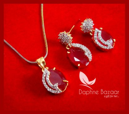 CBU44, Super Saver Three Items Zircon Studded Ruby Shade Fashion Pendant, Earrings Combo for Gift