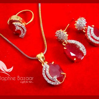 CBU44, Super Saver Three Items Zircon Studded Ruby Shade Fashion Pendant, Earrings with Ring Combo for Gift