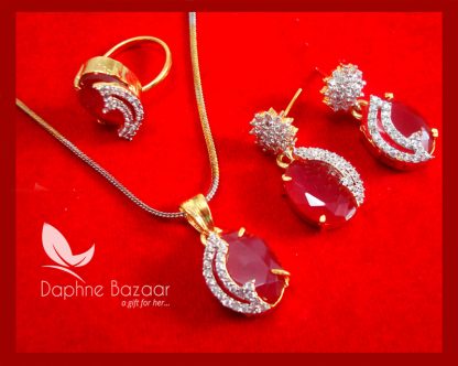 CBU44, Super Saver Three Items Zircon Studded Ruby Shade Fashion Pendant, Earrings with Ring Combo for Gift