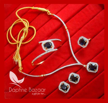 CBU45, Super Saver Four Items Zircon Navy Blue Party Wear Necklace Earrings with Ring and Bracelet-1