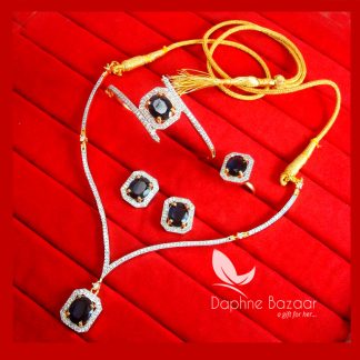 CBU45, Super Saver Four Items Zircon Navy Blue Party Wear Necklace Earrings with Ring and Bracelet-2