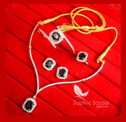 CBU45, Super Saver Four Items Zircon Navy Blue Party Wear Necklace Earrings with Ring and Bracelet-2