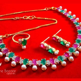 CBU47 Daphne Zircon Golden Pink Green Stone Necklace Earring and Ring for Women Thanksgiving Special (2)