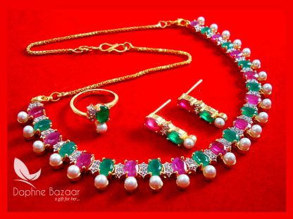 CBU47 Daphne Zircon Golden Pink Green Stone Necklace Earring and Ring for Women Thanksgiving Special (2)