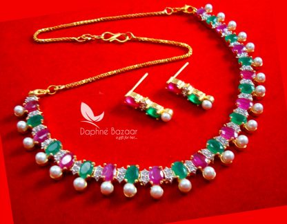 CBU47 Daphne Zircon Golden Pink Green Stone Necklace Earring for Women Thanksgiving Special