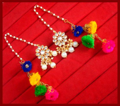 KE78, Bollywood Fashion Gold Plated Kundan Pearl with Pom Pom Earring For Women-1