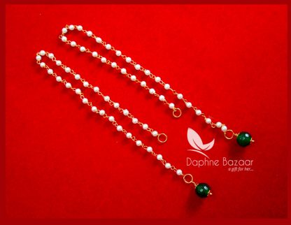 DR15, Indian Bollywood Handmade Golden Pearl & Green Kaan Chain For Heavy Earring