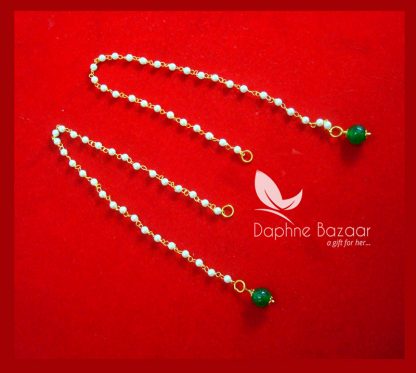 DR15, Indian Bollywood Handmade Golden Pearl & Green Kaan Chain For Heavy Earring-2