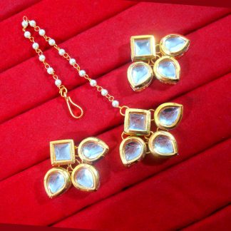 KC13,Daphne Gold Tone Kundan Stone Women Maang Tikka Earring Set For Women