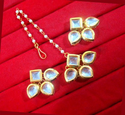 KC13,Daphne Gold Tone Kundan Stone Women Maang Tikka Earring Set For Women