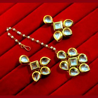 KC14, Classic Kundan Pearl Leaf Shaped Maang Tikka and Earring Set For Women