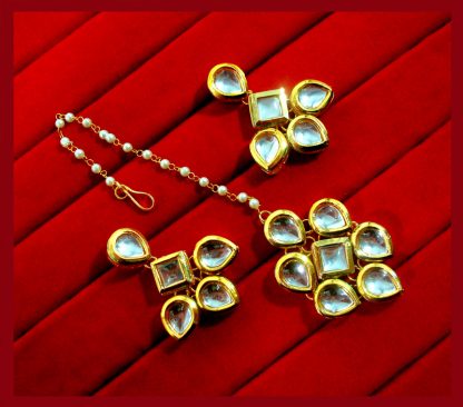 KC14, Classic Kundan Pearl Leaf Shaped Maang Tikka and Earring Set For Women