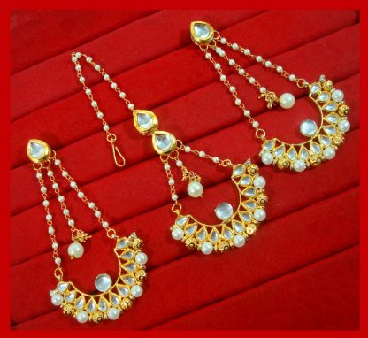 KC17, Traditional Gold Tone Kundan and Pearl Earring and Maang Tikka Set For Women-1