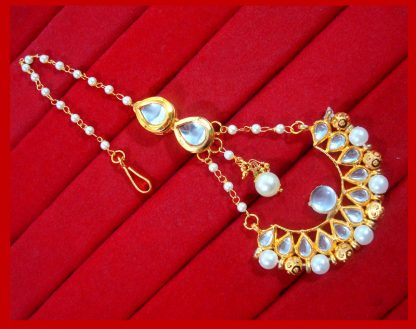 KC17, Traditional Gold Tone Kundan and Pearl Earring and Maang Tikka Set For Women-3
