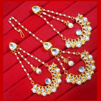 KC17, Traditional Gold Tone Kundan and Pearl Earring and Maang Tikka Set For Women