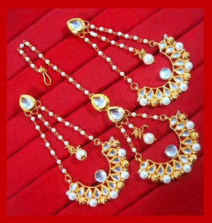 KC17, Traditional Gold Tone Kundan and Pearl Earring and Maang Tikka Set For Women