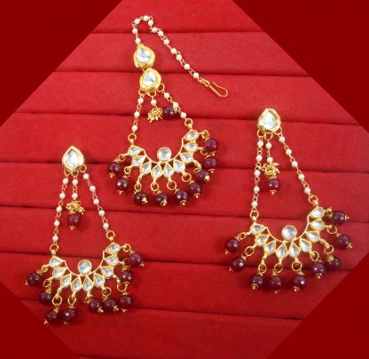 KC21 Stylish Kundan Onyx Beads Carving Earrings Maang Tikka Set For Women
