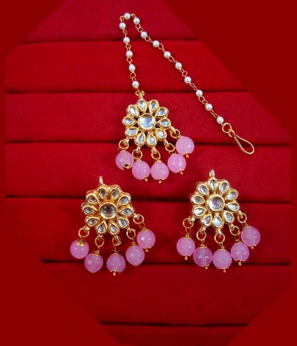 KC22 Latest Kundan Baby Pink Onyx Earrings Maang Tikka Set-1