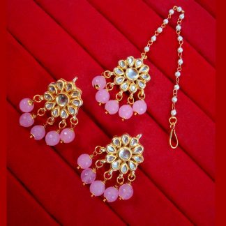 KC22 Latest Kundan Baby Pink Onyx Earrings Maang Tikka Set