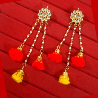 KE48, Daphne Designer Red & Yellow Circular Pom Pom Drop Earring For Women-1