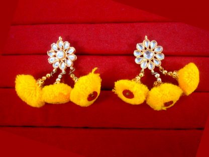 KE80 Bollywood Fashion Gold Plated Kundan Yellow Pom Pom Earring