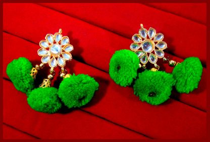 KE81 Trendy Fashion Gold Plated Kundan Green Pom Pom Earring