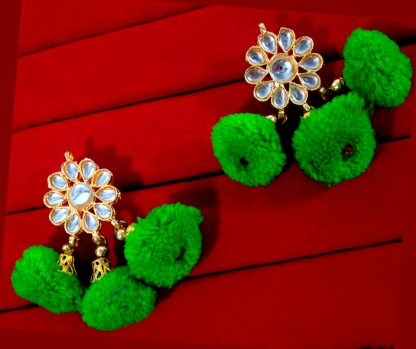 KE81 Trendy Fashion Gold Plated Kundan Green Pom Pom Earring -1