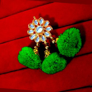 KE81 Trendy Fashion Gold Plated Kundan Green Pom Pom Earring -2