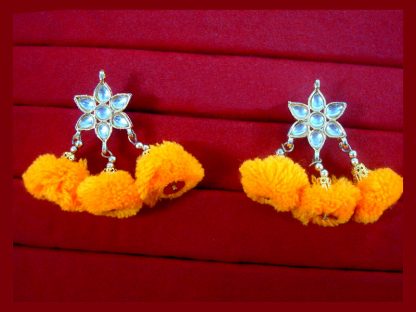 KE82 Latest Fashion Gold Plated Kundan Orange Pom Pom Earring For Trendy Dresses