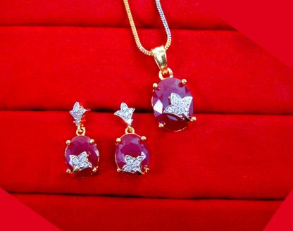 CBU55, Super Saver Zircon Studded Ruby Shade Fashion Pendant Earrings with Combo for Gift