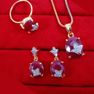 CBU55, Super Saver Zircon Studded Ruby Shade Fashion Pendant Earrings with Ring Combo for Gift