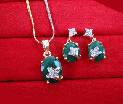 CBU56, Super Saver Zircon Studded Emerald Shade Fashion Pendant Earrings with Combo for Gift
