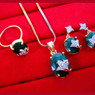 CBU56, Super Saver Zircon Studded Emerald Shade Fashion Pendant Earrings with Ring Combo for Gift
