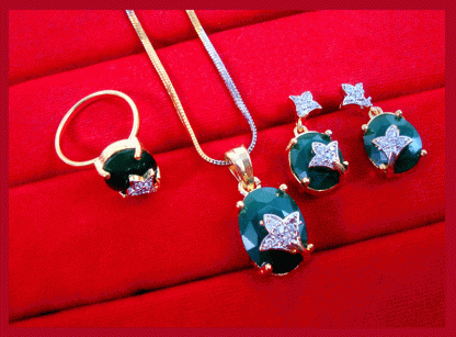CBU56, Super Saver Zircon Studded Emerald Shade Fashion Pendant Earrings with Ring Combo for Gift