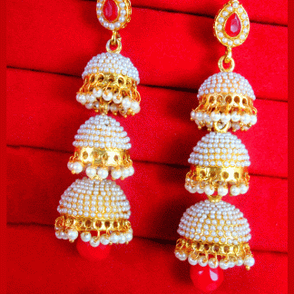 JM18 Traditional Gold Plated Pearls Red Drop Jhumki Earrings Set